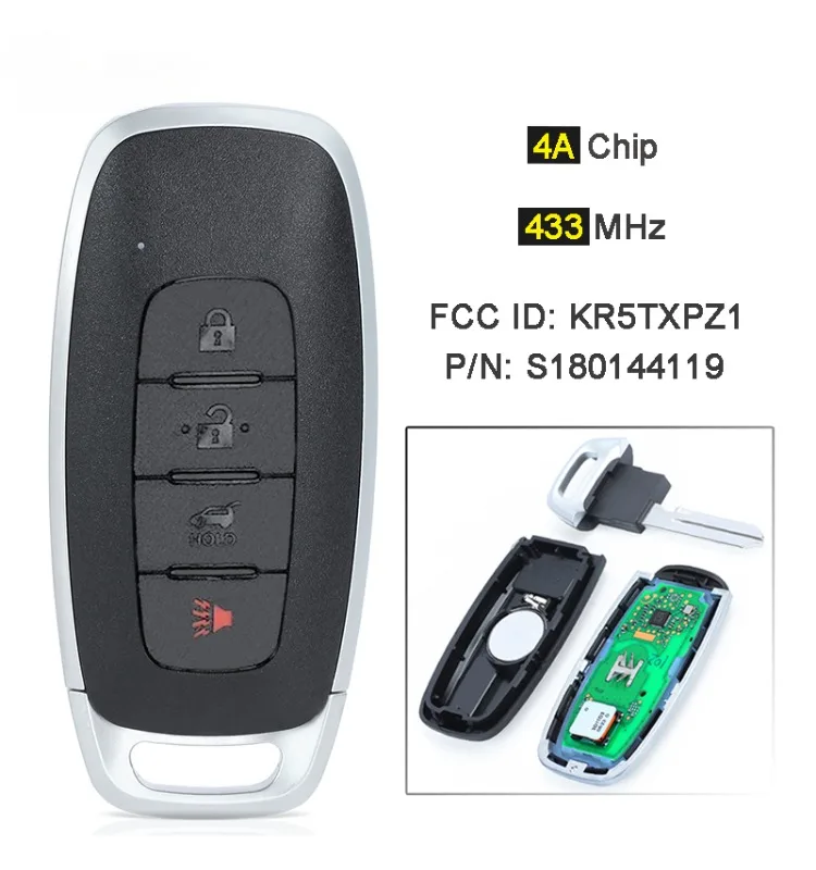 433MHz 4A Chip P/N:  S180144119 FCC ID: KR5TXPZ1 Smart Remote Key Fob 4 Buttons for Nissan VERSA 2022-2023