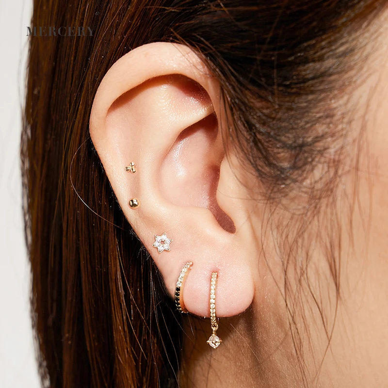 Mercery 14K Solid Gold Fine Jewelry Wholesale 1 Gram Gold Beautiful Black And White Diamond Designed Huggie Earrings