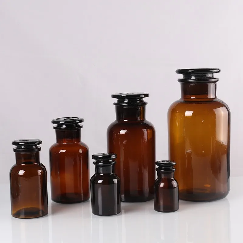 30ml 60ml 125ml 250ml 500ml Amber Glass Laboratory Pharmacy Apothecary Jar Reagent Bottle With PP Stopper