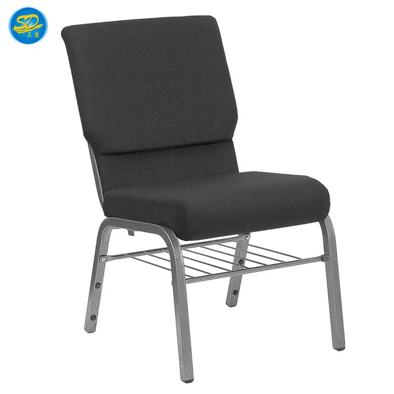 Wholesale cheap stackable metal church chair with bookshelf and back pocket design