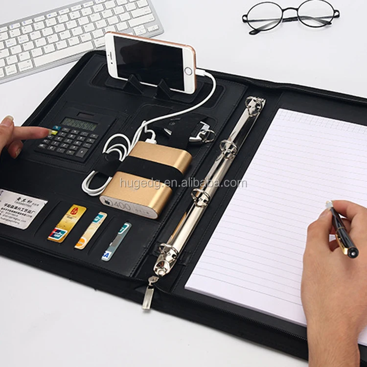 New Design Multi Functional Waterproof A4 PU Leather Office Supplies Hardcover Portfolio Folder with Calculator Note Pad