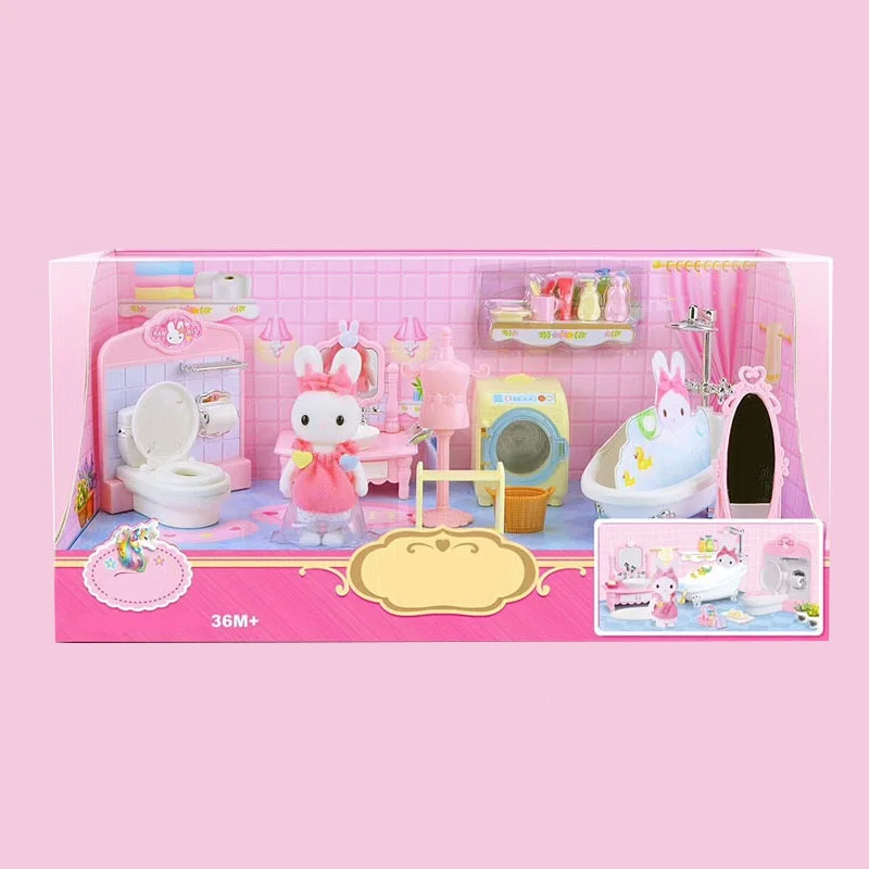 dollhouse cute rabbit doll bathroom scene doll toy bathtub pretend game