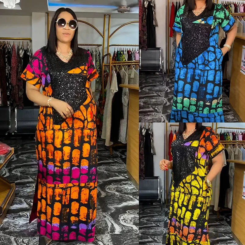 Plus Size African Dress for Women Africa Clothes Dashiki Ankara Summer Sequin Outfit Gown Muslim Wedding Party Long Maxi Dress