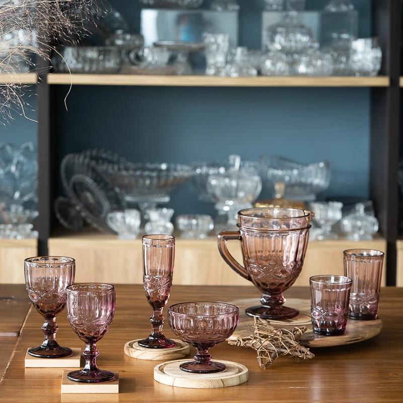 embossed purple colored glassware retro juice vintage red wine glass goblet set