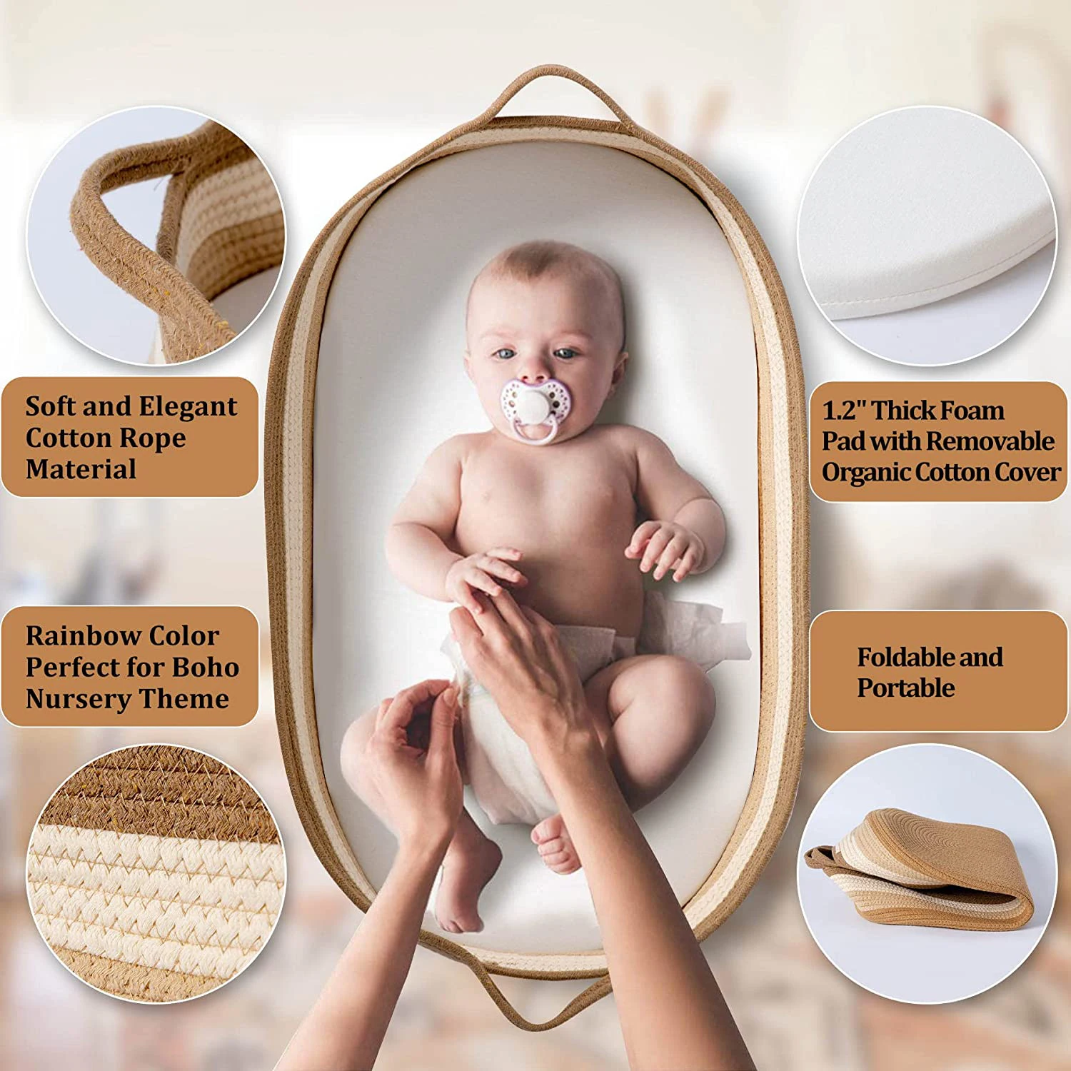 100% Cotton Rope Newborn Moses Basket Changing Basket Rope Woven Portable Baby Cot Moses Basket And Bedding Mattress Set