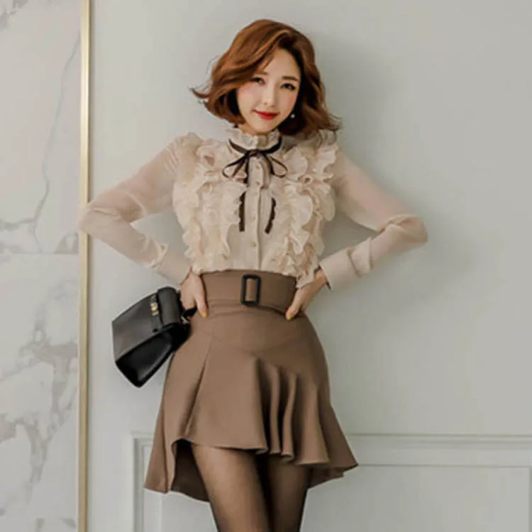 Casual lace button cardigan shirt top ruffled belt waist asymmetric skirt mini skirt suit