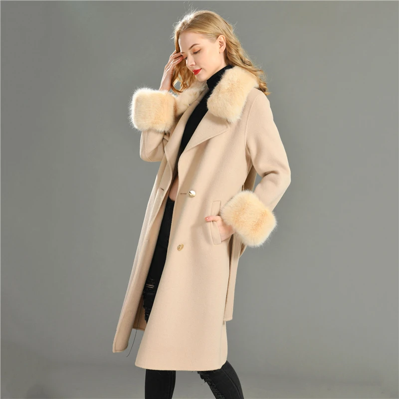 New Trending Handmade Sew High Quality Wholesale Custom Color Belt Design Women Faux Fur Wool Coat Cashmere