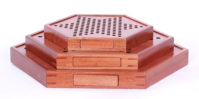 Premium Large Wooden Hexagon Drawer Checkers Set with Glass or Acrylic Pieces