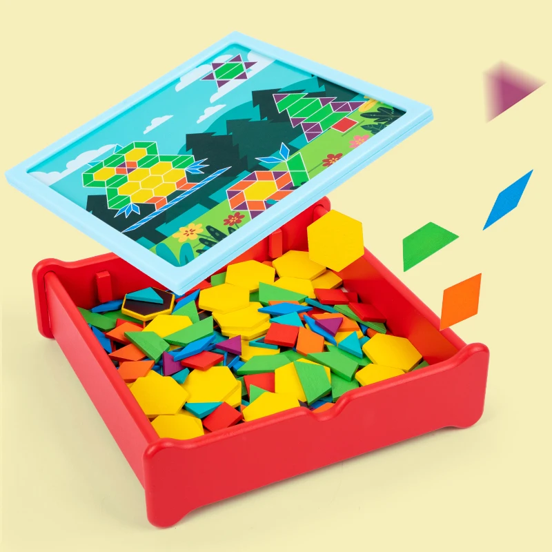 Wooden Pattern Blocks Puzzle Board Children Shape Matching Puzzles Montessori Magnetic tangram geometric Toys