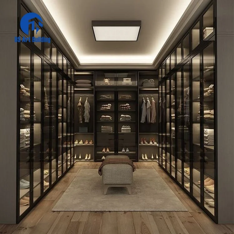 DS U Shape Customized Size Wardrobes Melamine Finished Plywood Glass Door Walk in Closet Design