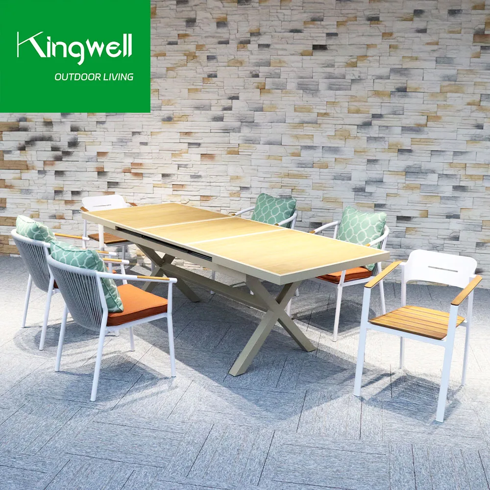 Простой дизайн патио столы и стулья из тикового дерева подлокотник алюминиевая уличная веревка ткацкая столовая Набор