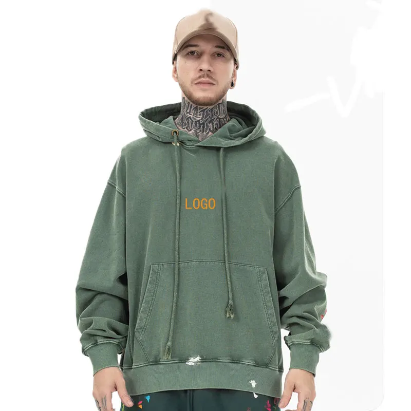Wholesale Hip hop Heavyweight  400g Thick Cotton  Acid wash Faded Green Distressed Pullover Hoodie With Paint Splatter Design