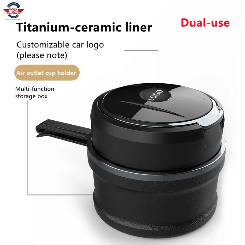 High quality customized  logo air outlet cup holder ceramic liner LED multi-function ashtray for car