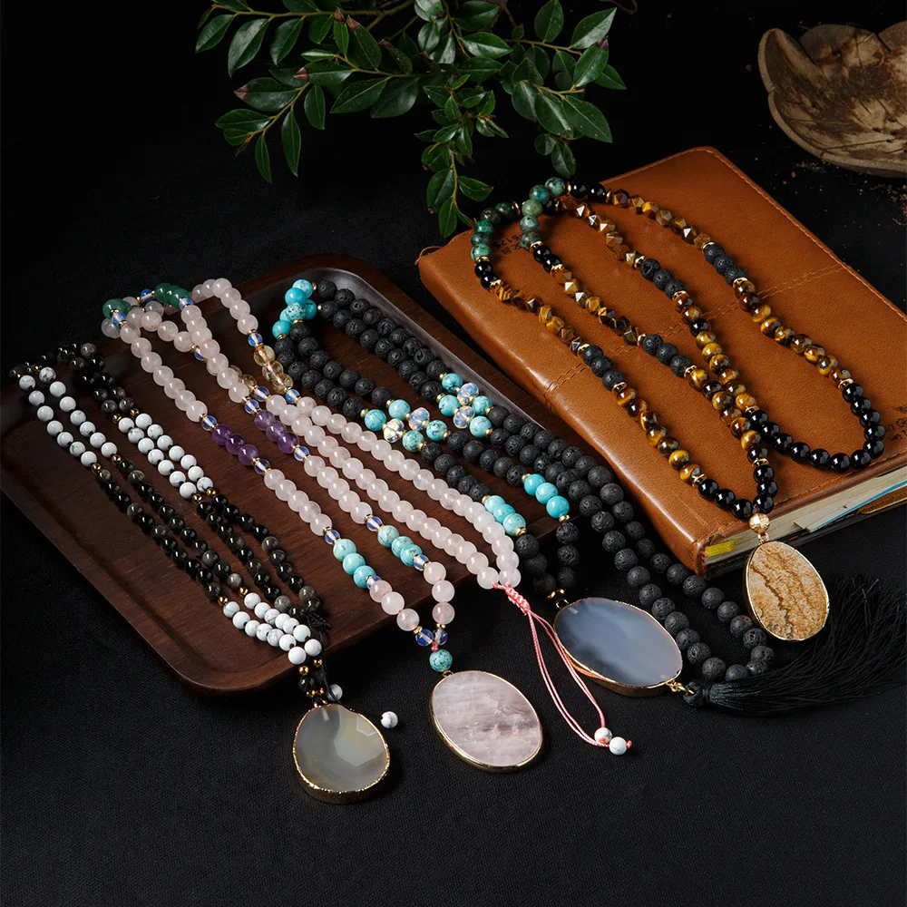 Wholesale 108 Natural Tiger Eye Turquoise Agate Jade Beads Religious Buddhism Rosary Tassel Necklace