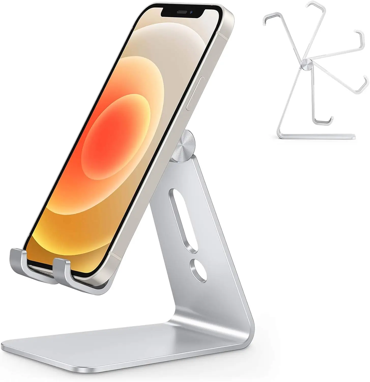 Adjustable Cell Phone Stand Aluminum Desktop Cellphone Stand with Anti-Slip Base  Convenient Charging Port Fit All Smart Phones