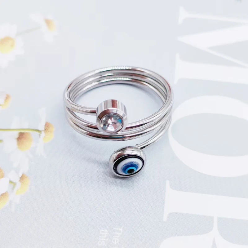 Stainless Steel Evil Eye Ring Silver Crystal Turkish Blue Eyes Adjustable Open Rings For Women Men