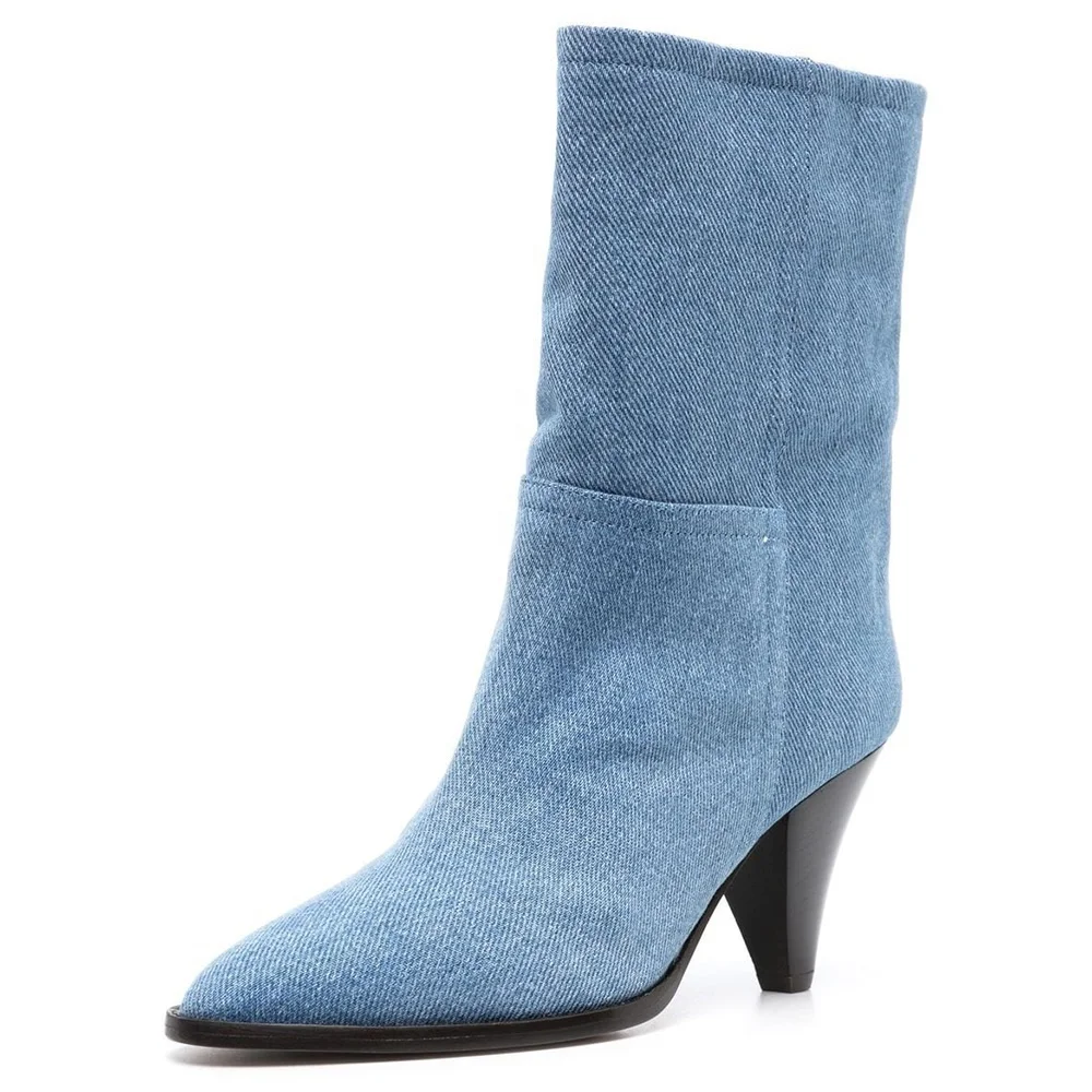 Plus Size Cone Heel Jeans Ankle Booties Women Fashion Denim Boots Footwear