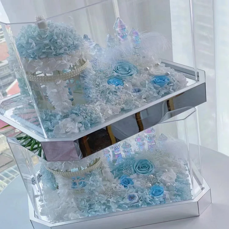 Wholesale Custom Shape Preserved Flower Box Roses Luxury Clear Mirror Acrylic Flower Box with Lid for Wedding Display