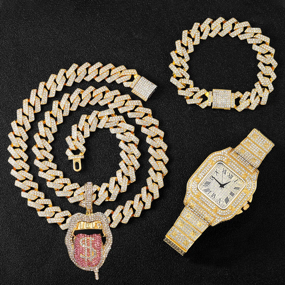 Miami Cuban Chain Necklace+Pendant +Bracelet +Watch set Iced Out watches For Men Hip Hop watch man Jewelry set reloj para hombre