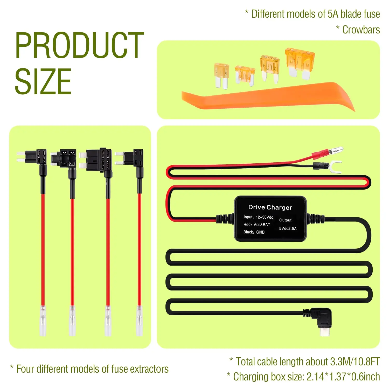 USB C Dash Cam Hardwire Kit 12V-30V to 5V 2.5A Dash Camera Charger Power Supply with 4pcs 16amg Car Fuse Tape 5B Blade Fuse