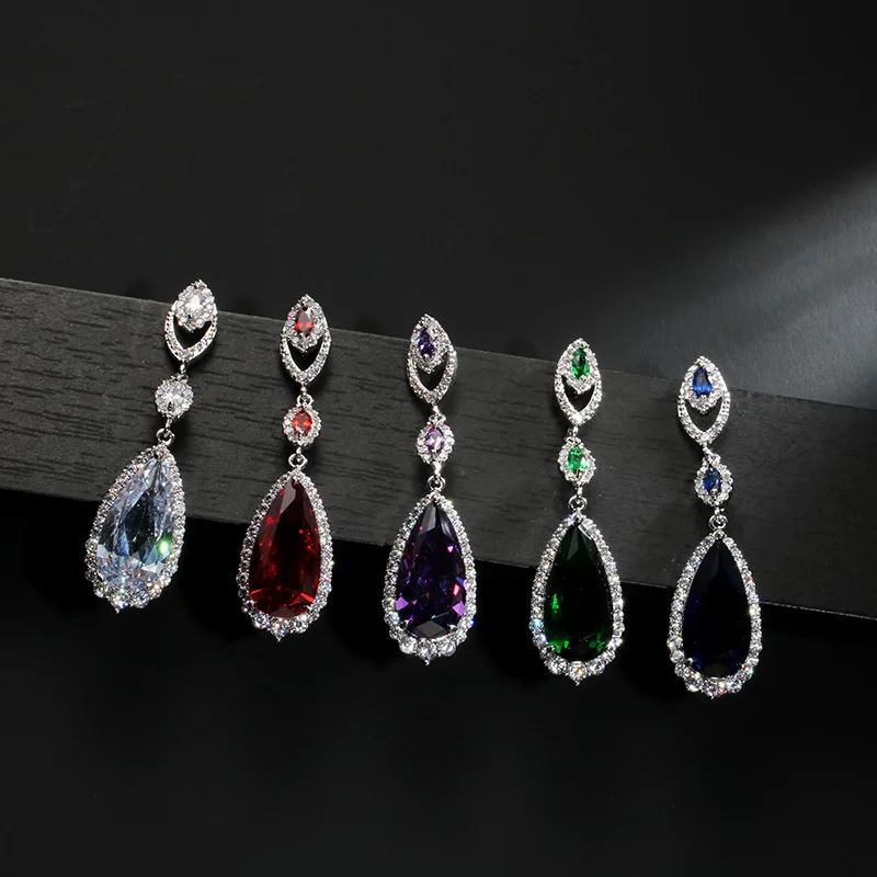 Multicolor party wedding zircon bridal gemstone chandelier long dangle silver fashion Drop Earrings for women 2020