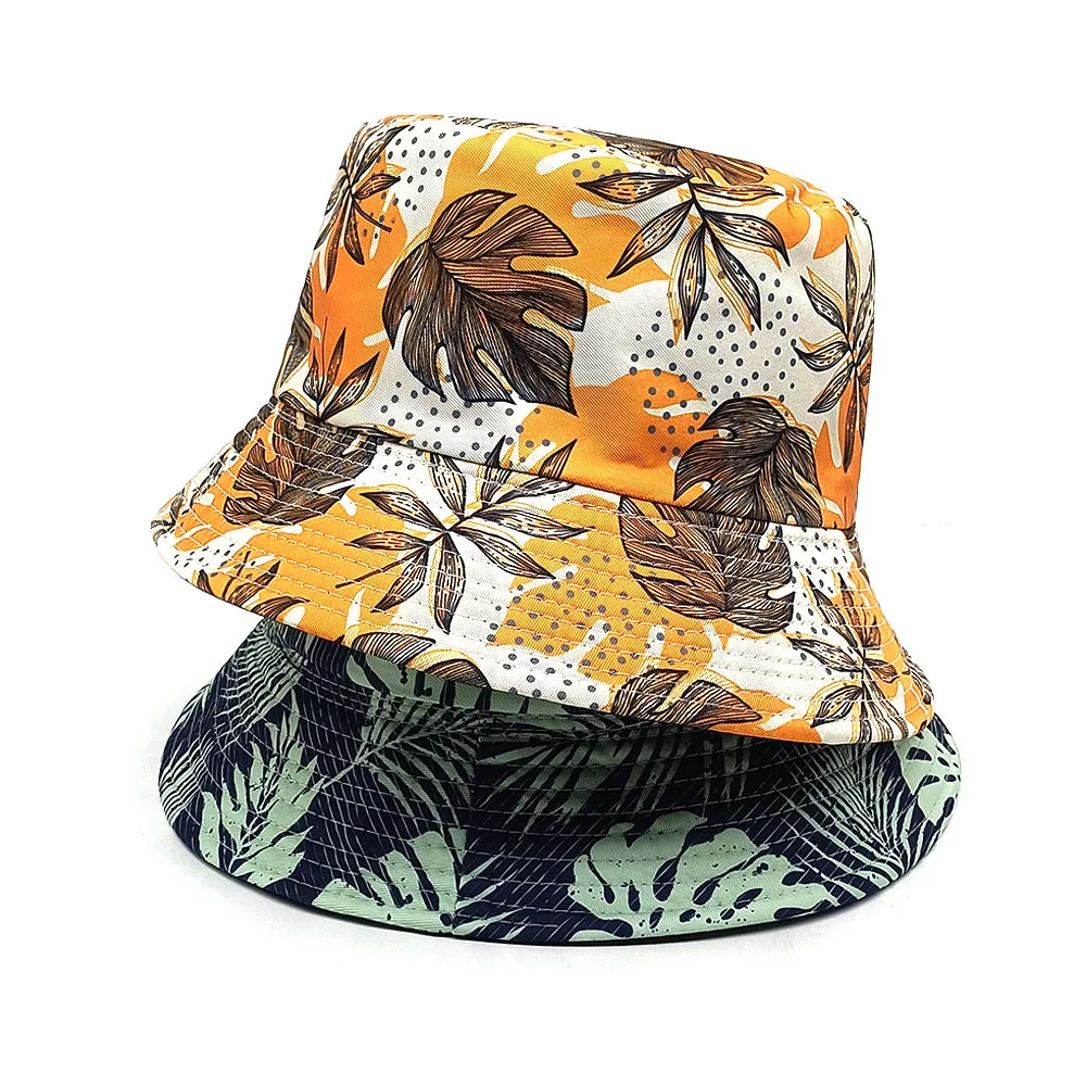 Fashion Floppy Big Brim Polyester Fishman Hats Tropical Style Custom Coconut Tree Printing Logo Reversible Bucket Hats