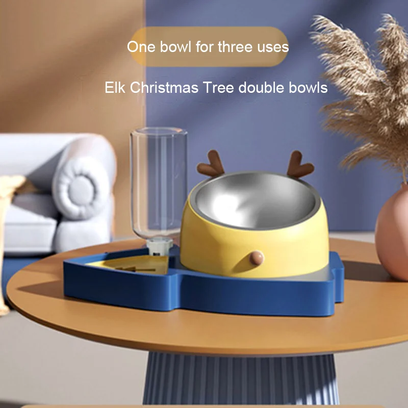 Three In One Christmas Tree Cat Dog Bowl Water Dispenser Double Ear Stainless Steel Milu Deer Pet Bowl