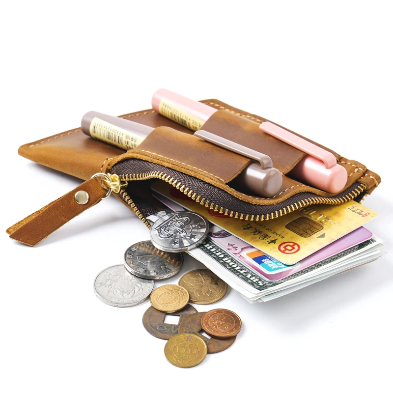 Wholesale New Men Women Vintage Card Holder Wallet Crazy Horse Genuine Leather Zipper Coins Purse Cards Holder with Pens Holder