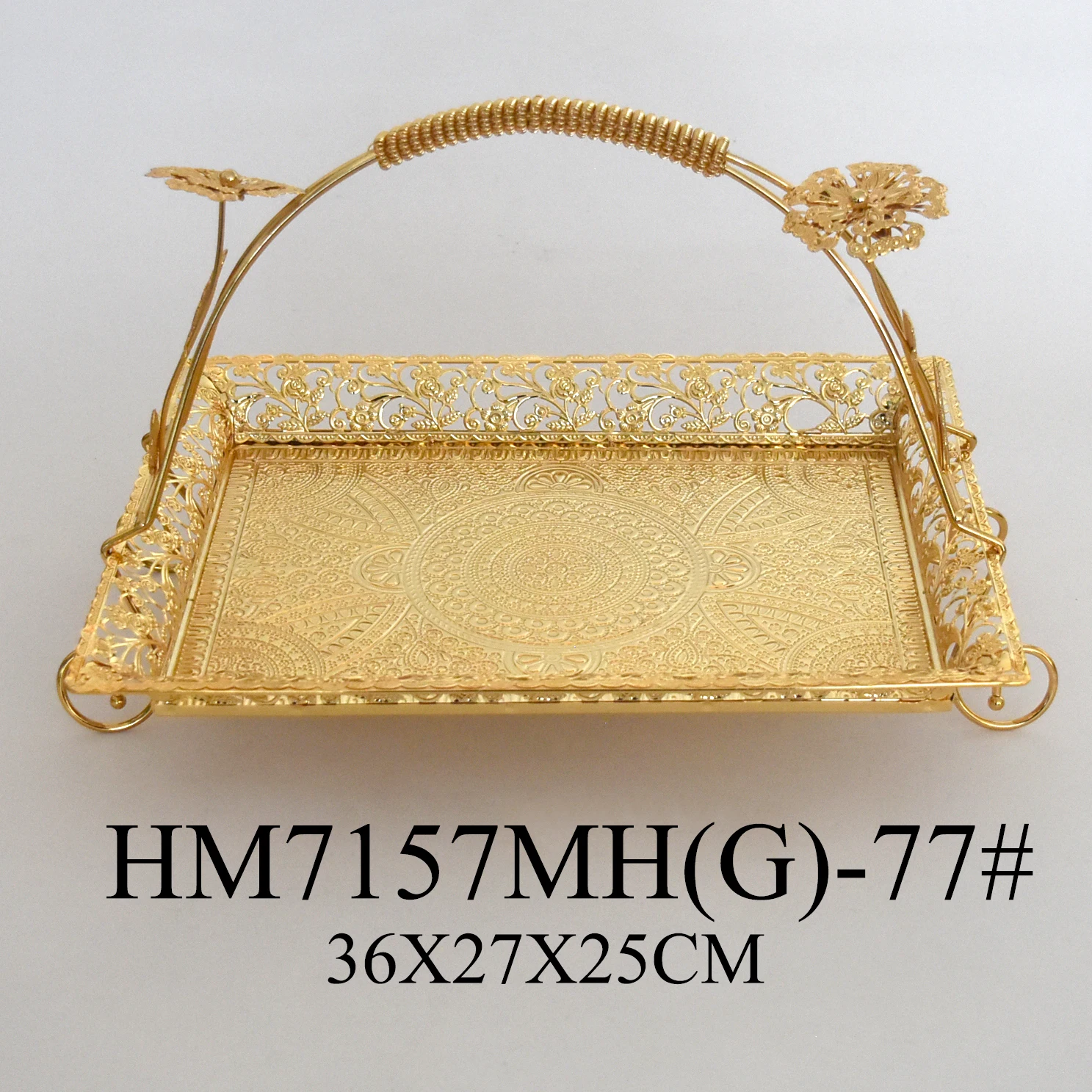 German silver metal gold plated dry fruit plate cake cookie serving tray with handle