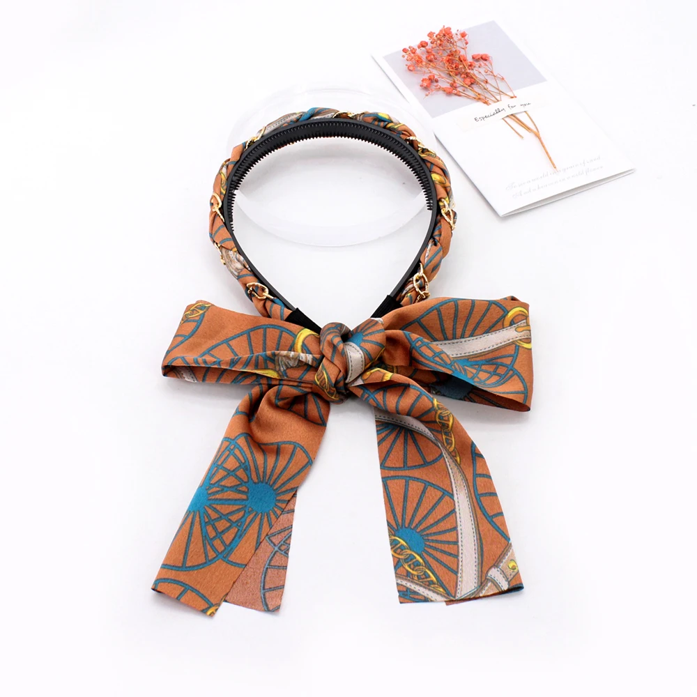 IFOND Vintage Metal Chain Hairbands Satin Fabric Printed Bowknot Ribbon Headbands Fpr Women Makeup