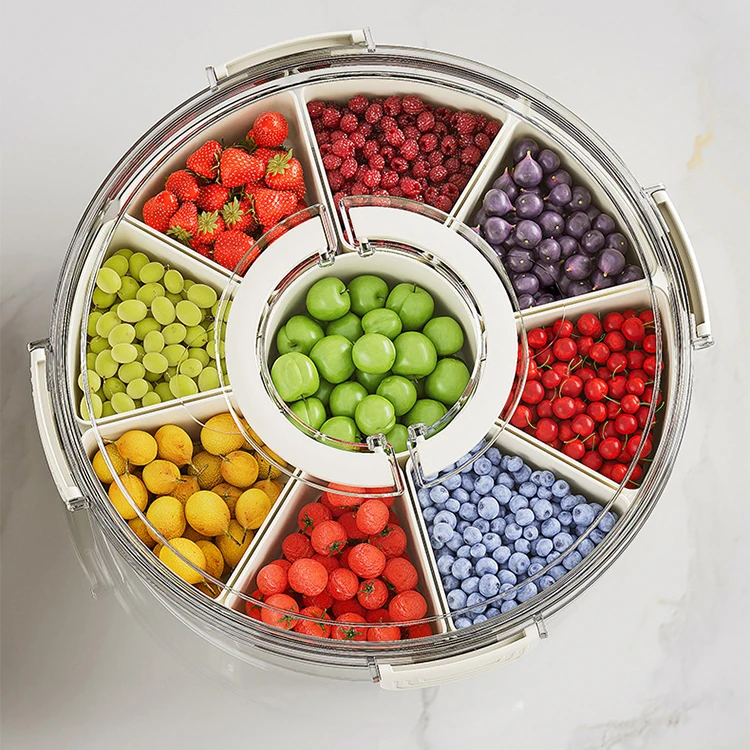 Round Divided Serving Tray With Lid And Handle Portable Snack 9 Compartment Fresh Keeping Food Storage Snack Box Container