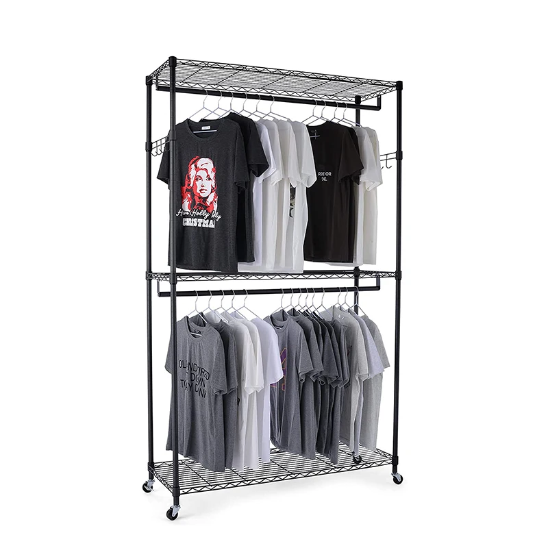 Garment Storage Shelf Clothing Rack with Double Clothes Hanging Rods and Lockable Wheels