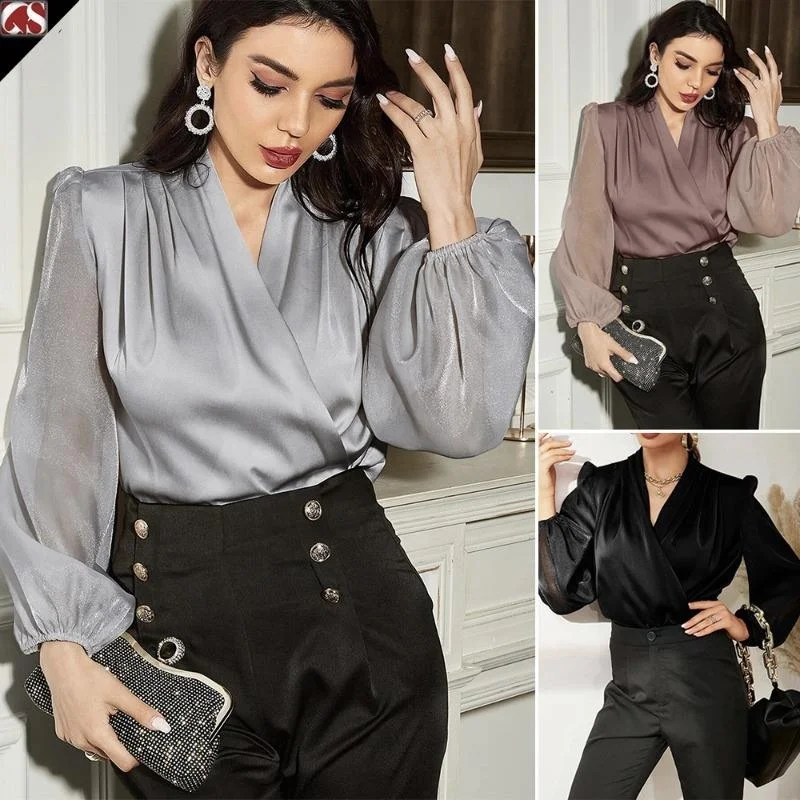 Silk Korean Office Ladies Elegant Shirt Blouse Women Fashion Button Up Satin Shirt Vintage White Long Sleeve Shirts Tops