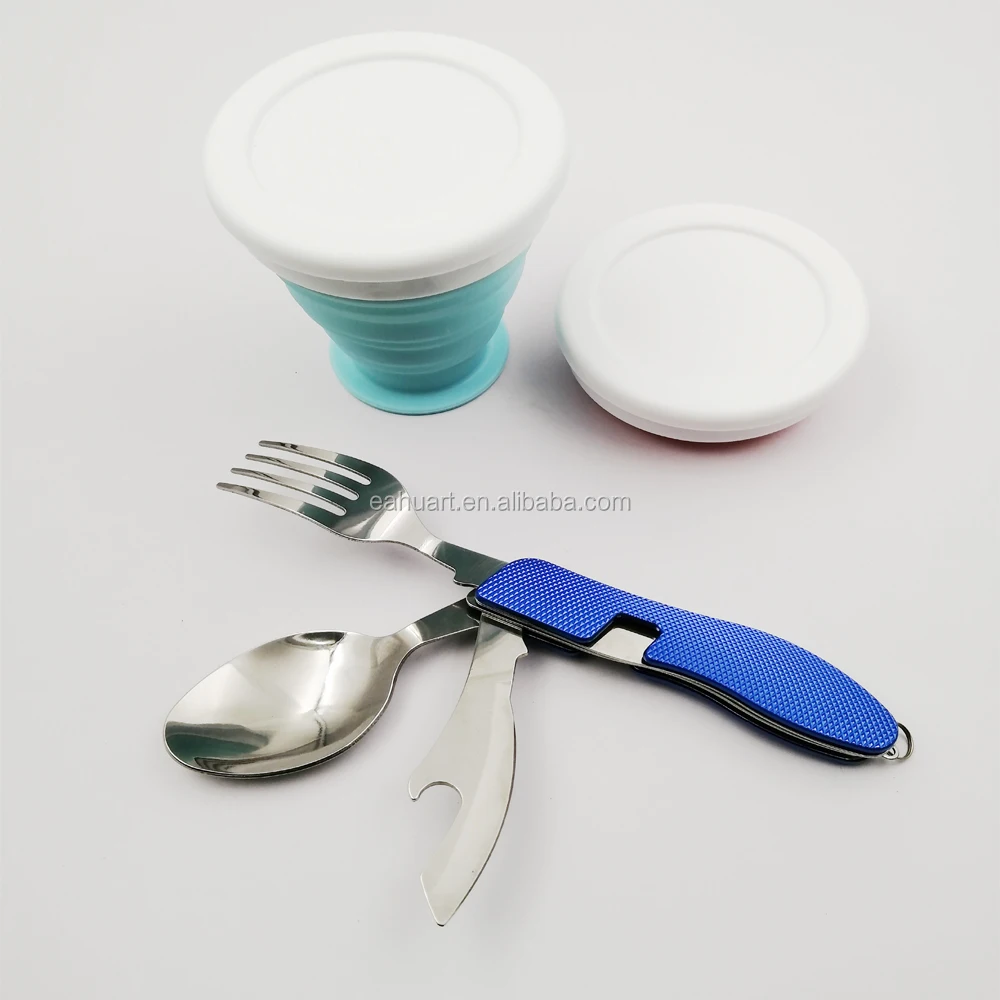 Customized Camping Tableware Travel Stainless Steel Cutlery Set with Silicone Folding Cup