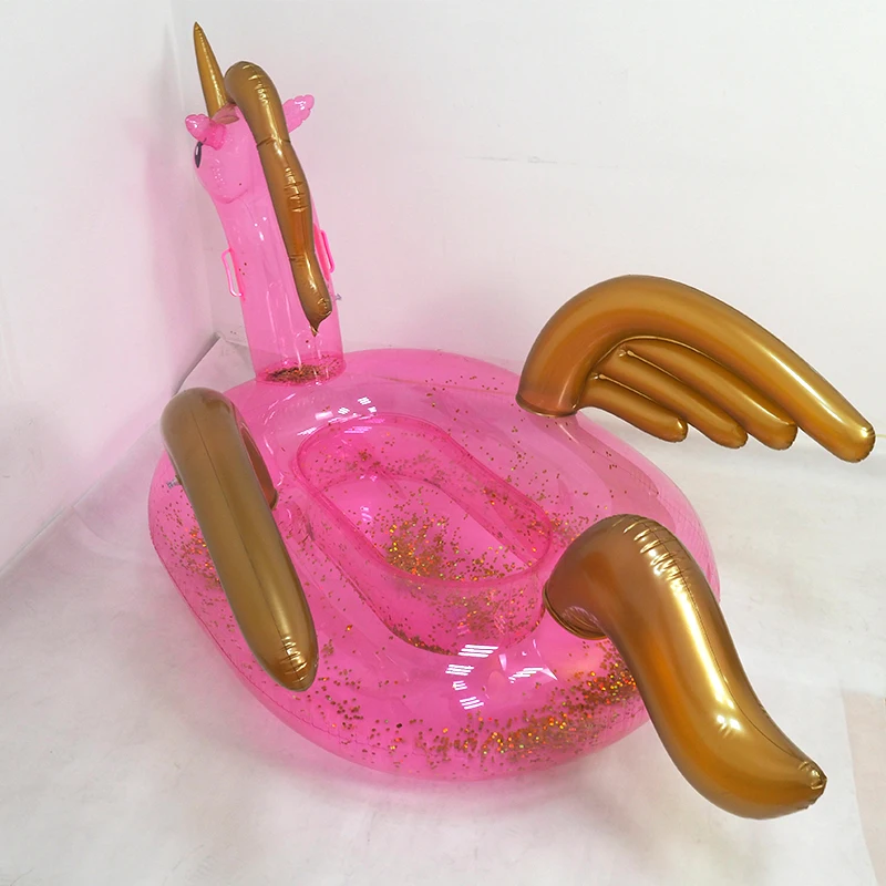 Inflatable island water pool floating unicorn shape with wings and glitter ride-on pink Pegasus pool float with handles