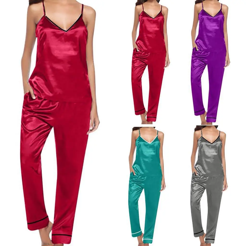 
2021 new spring Fall Sleeveless Solid loungewear Loose Homewear Female silk two pieces Sleepwear Set women satin Pajamas 