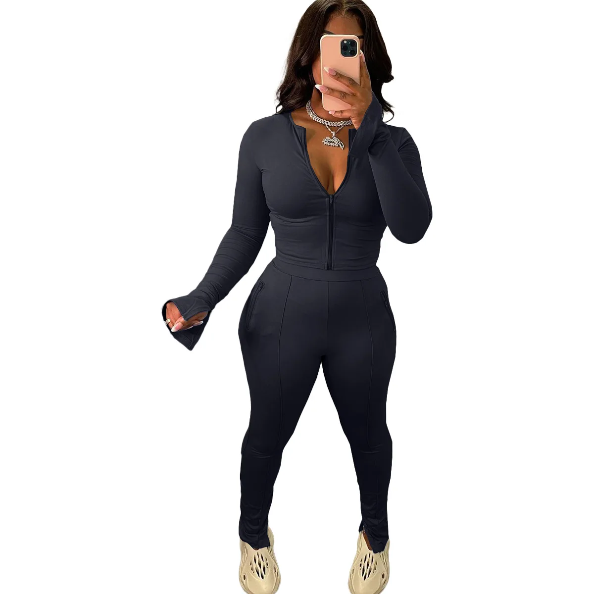 Fall Winter 2022 Women Clothes Solid Zip Split Two Piece Sports Suit Sexy 2 Piece Set Women Custom Logo Women Pants Set