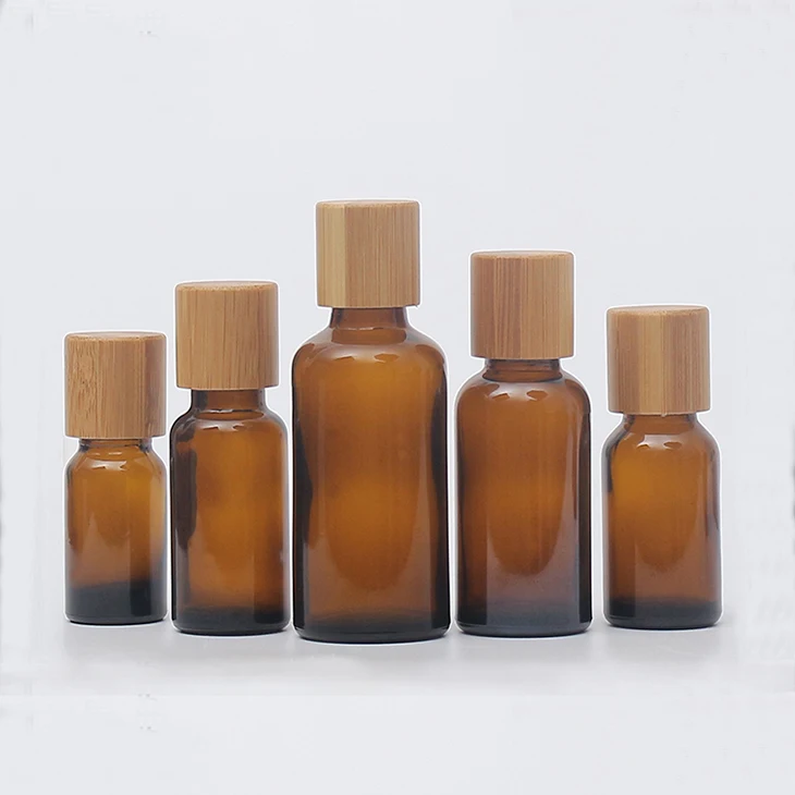 10ml 15ml 20ml 30ml Amber Frosted Glass Cosmetic Essential Oil Bottle with Bamboo Wooden Lid for 50ml 100ml 60 ml