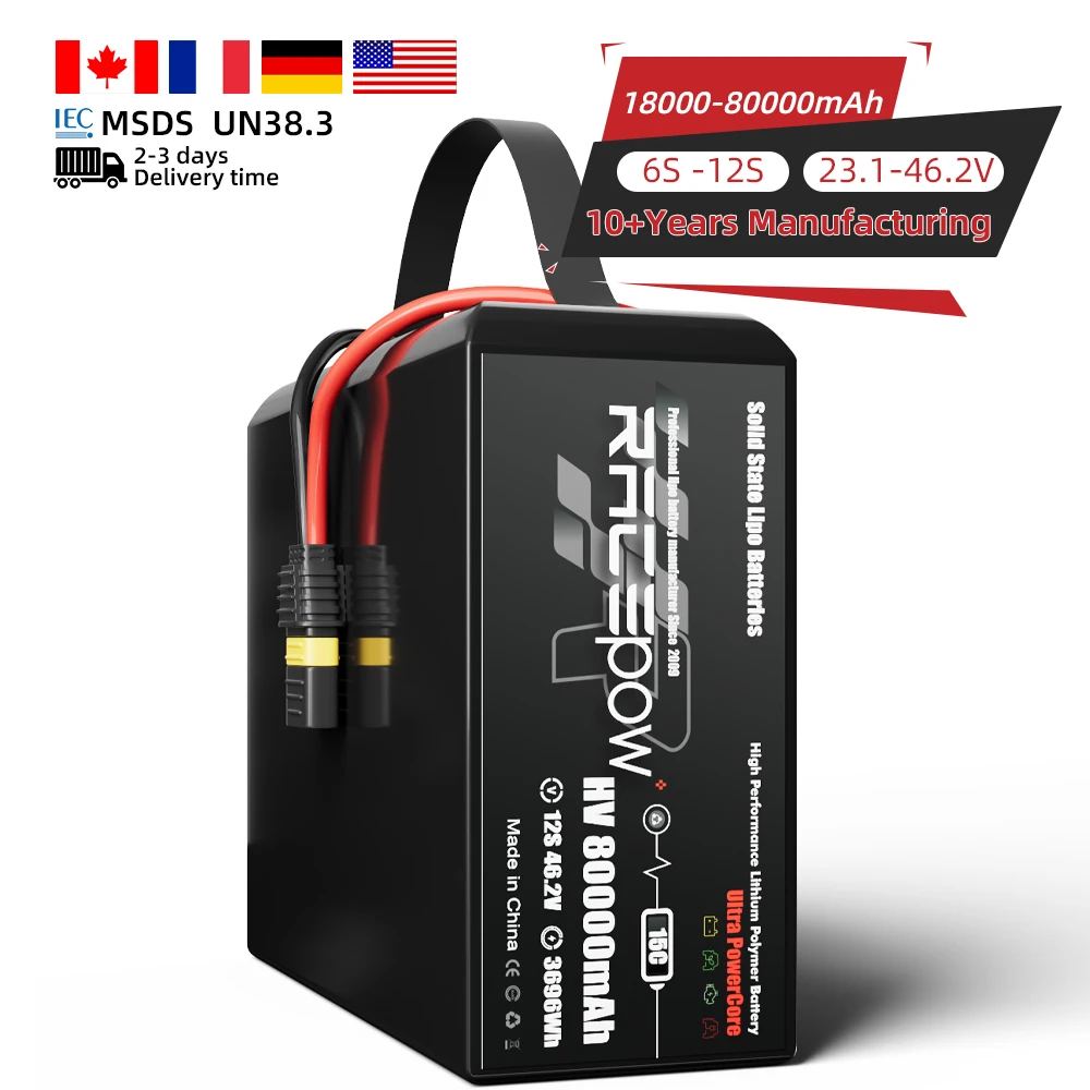 Racepow High-Density 6S 12S 48000mAh 54000mAh 68000mAh 80000mAh Semi Solid State Battery Pack for VTOL and Delivery vehicle