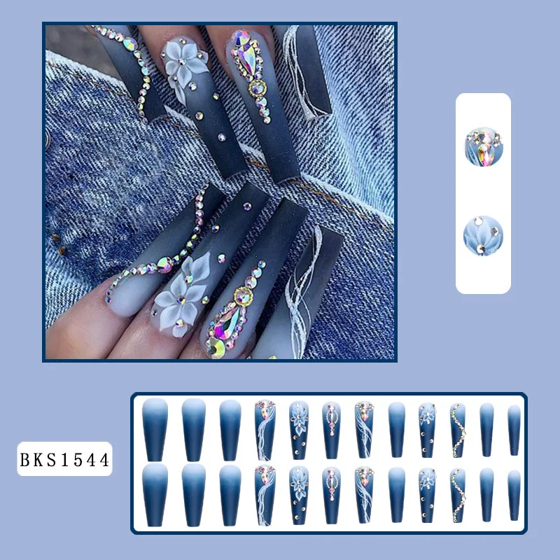 Long Press on Nails Coffin Dark Blue Gradient False Nails with White Flower Diamonds Design Glue Reusable Acrylic Fake Nails Gel