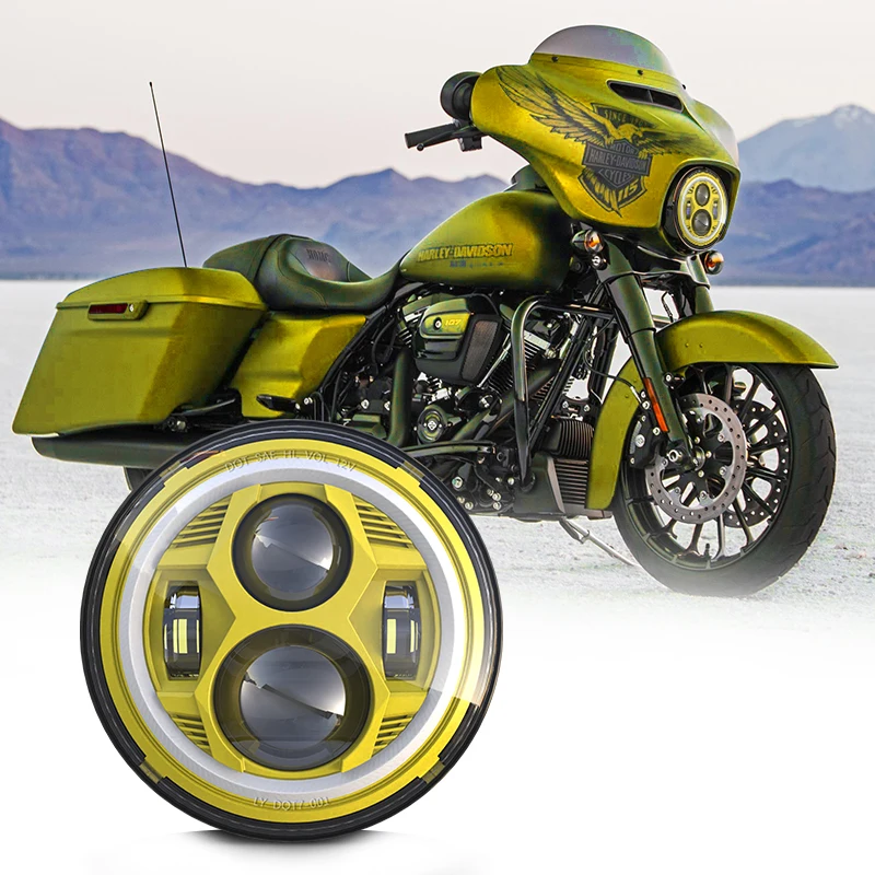 Multi-Colors Bezel For Selection Loyo Led Light Motorcycle Headlight 7 Inch Yellow Headlamp With Hi/Lo Beam Halo Drl For Harley