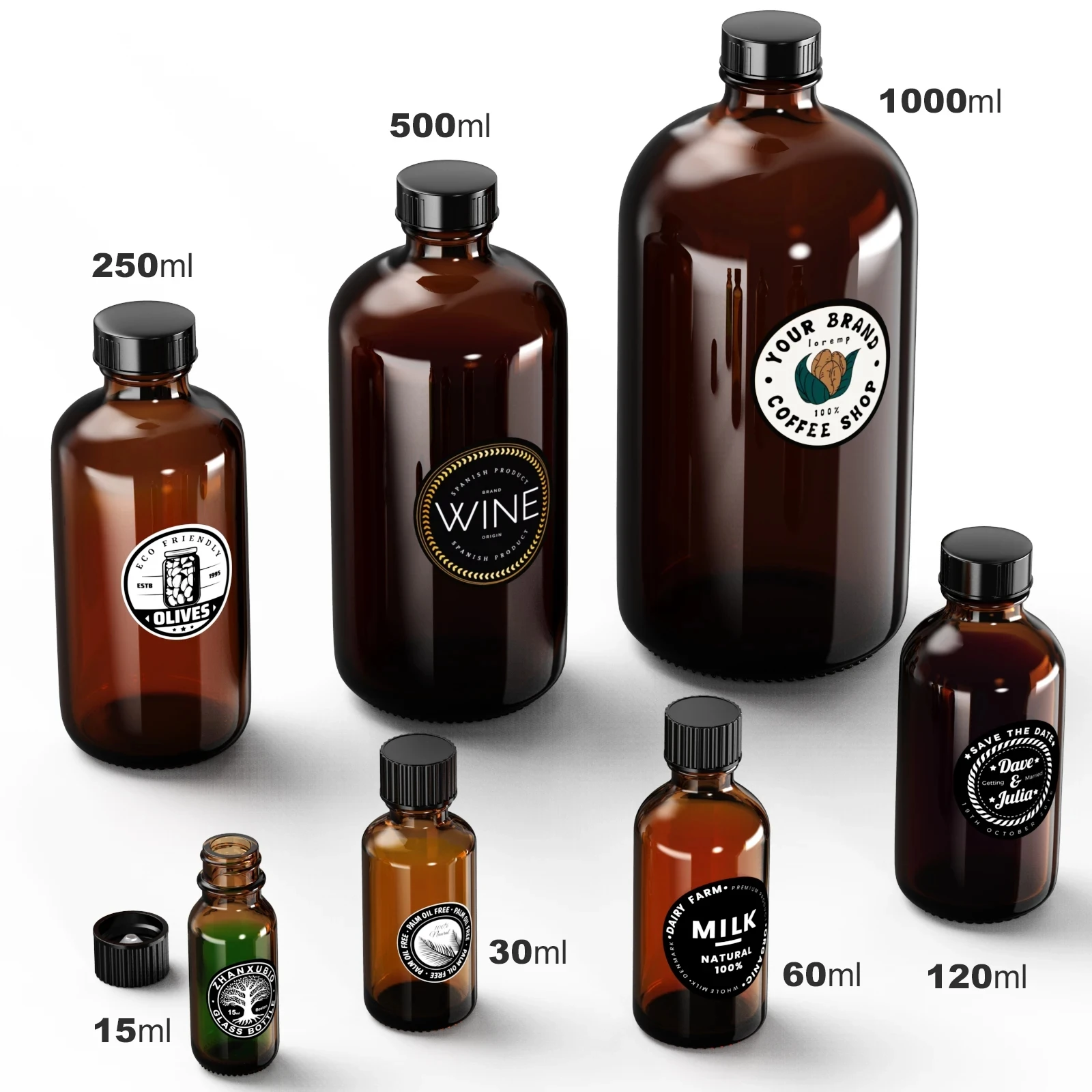 Factory Wholesale 15ml 30ml 60ml 120ml 250ml 500ml 1000ml Clear Amber Brown Boston Round Glass Bottles With Black Plastic Cap