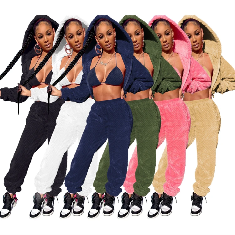 D12519 Fashion personality street trend hooded tops loose trousers winter clothes 3 piece set women sweatsuit 2021