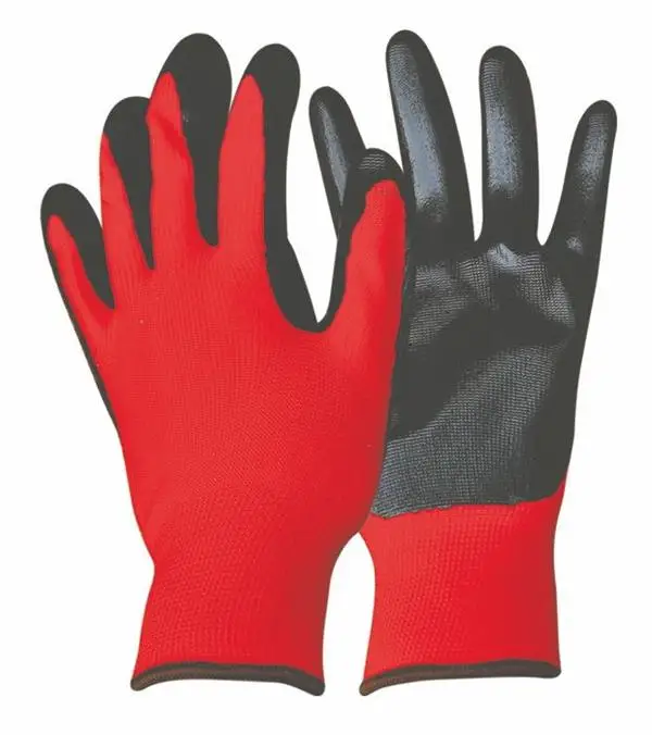 13 gauge red polyester liner with black work gloves nitrile coated smooth finished glove oil-proof industrial work glove