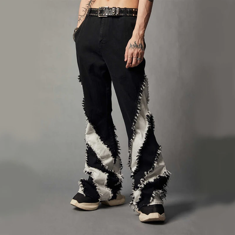 Zhang Yang Garment 2024 new collection black and white patchwork slim fur jeans plus size casual funky flared pants men