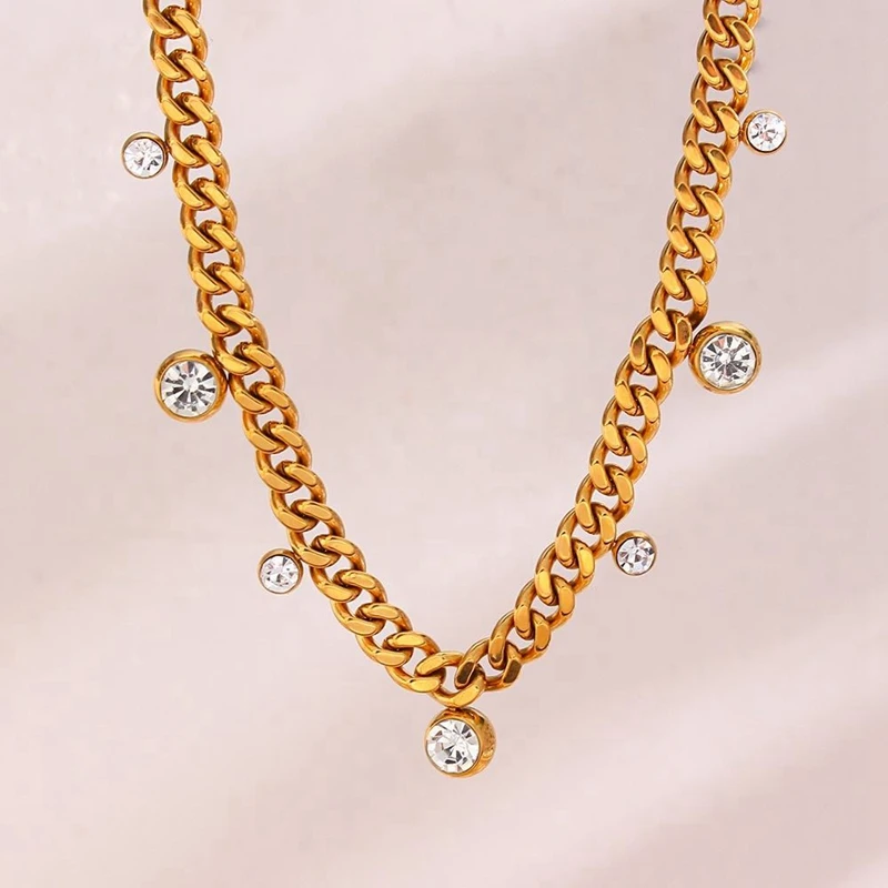 18K Gold Plated Vintage Cuban Link Chain Necklace Shining Zircon Charm Vintage  Stainless Steel 316L Choker Parties Pearl