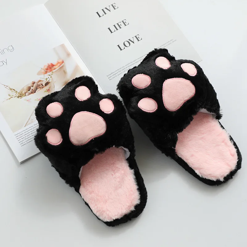 Fuzzy Plush Slippers Cats Pad Cartoon Animal Pink Grey Bear Paw Black Girls Anti-slip Indoor Floor Shoes