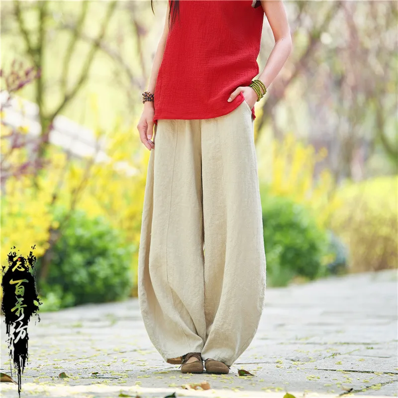 Wholesale 2021 Autumn New Products Cotton and Linen Chinese Style Zen Retro Loose Washed Casual Bloomers Women Trousers