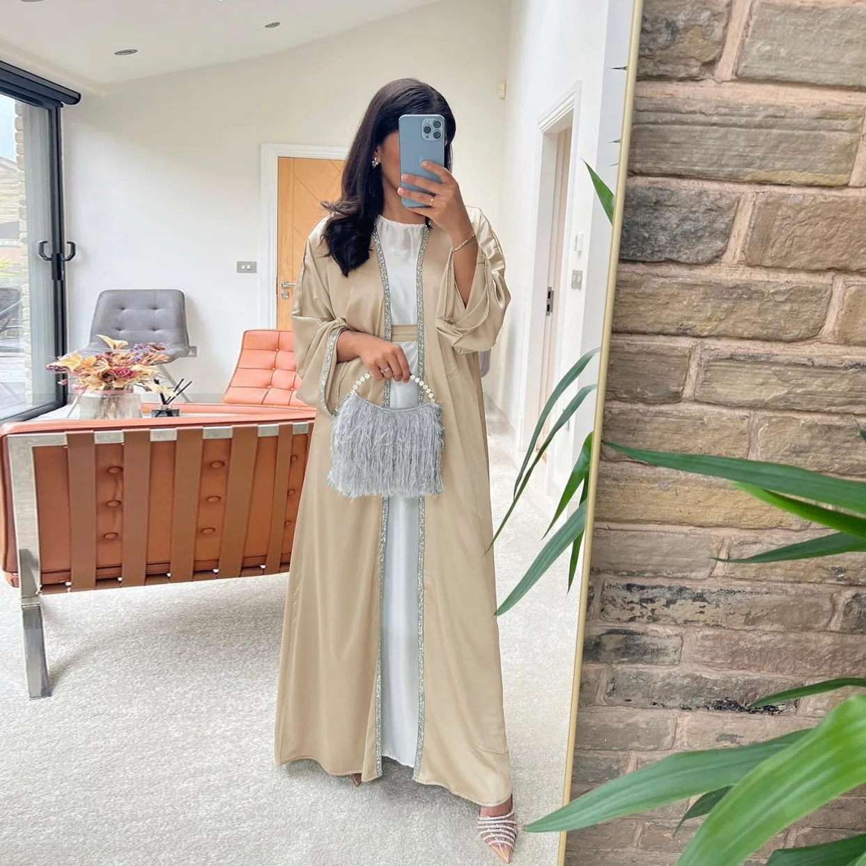 2024 New arrival plain color satin islamic Eid dress sets rhinestone decoration free with belt Turkey open abaya