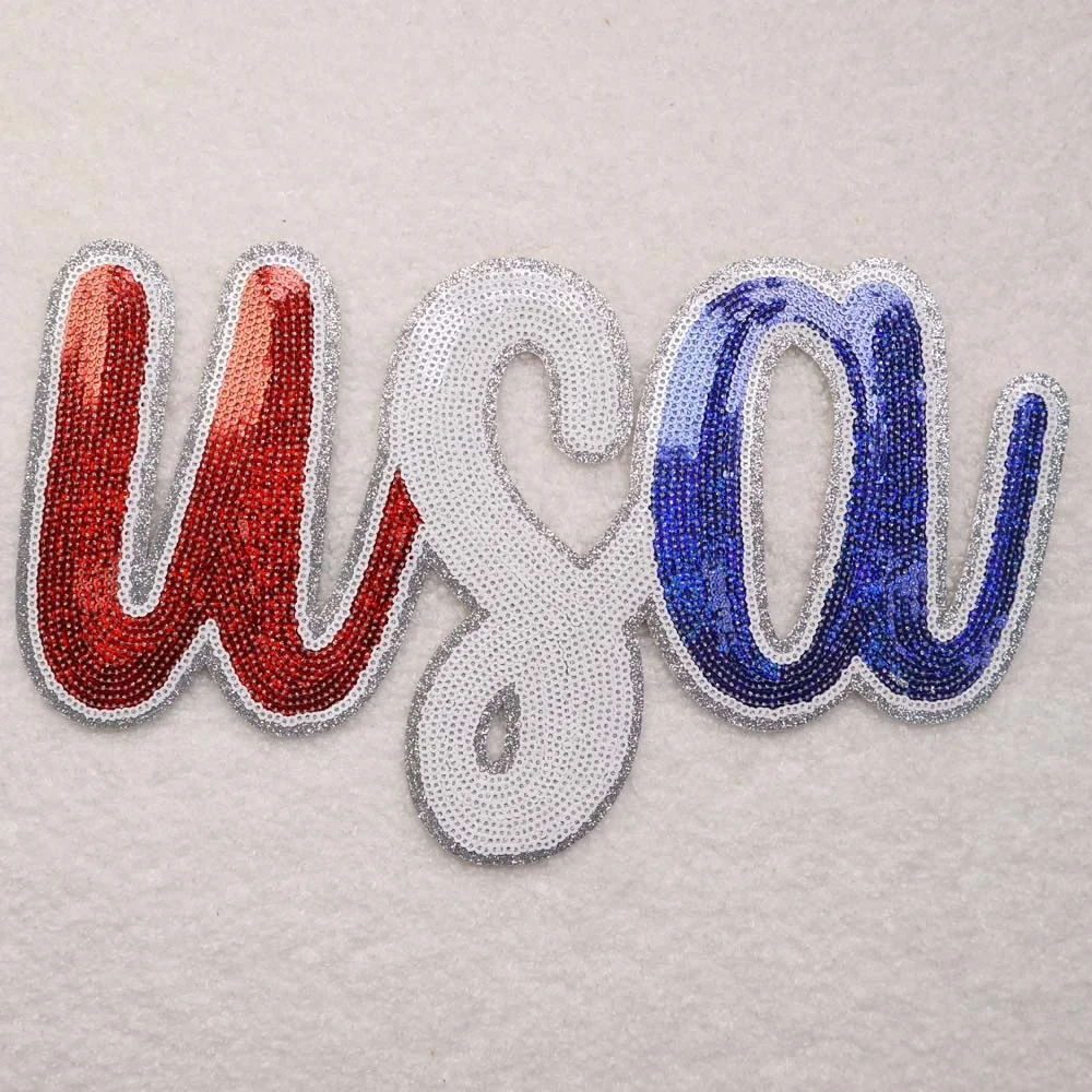 Wholesale 4th Of July Iron On Usa American Sequin Patches Custom Logo Independence Day Patches Sequin For Clothing